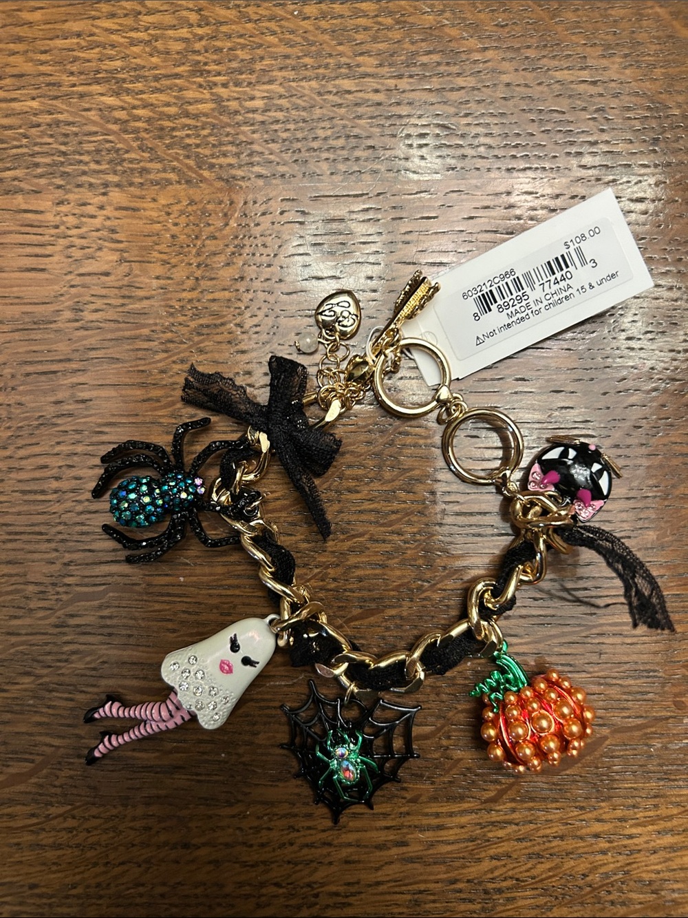 Halloween Charm Bracelet - Gold Chain with Black, Orange, White Charms